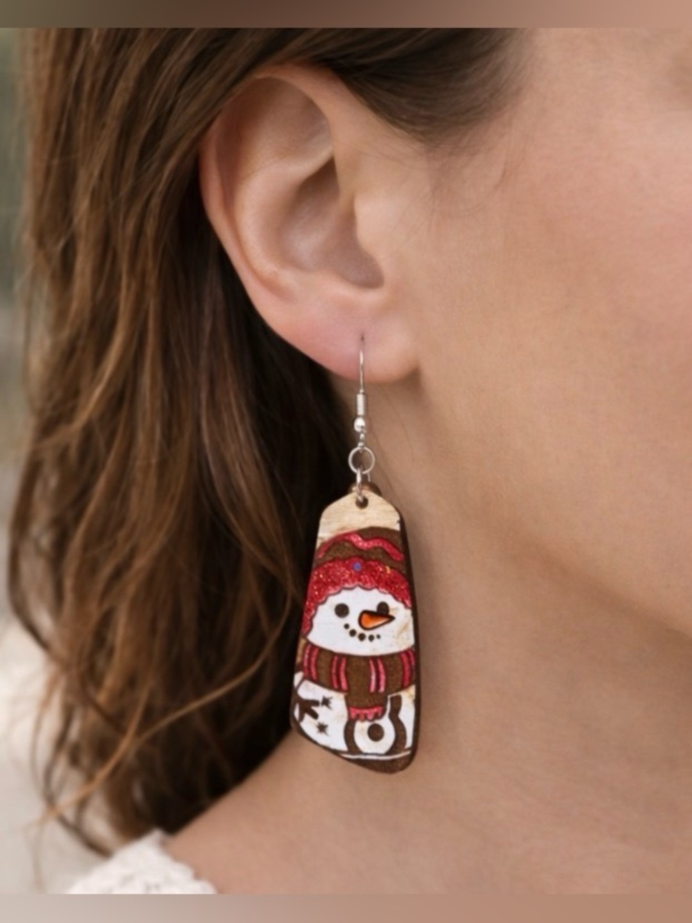 Handmade Wooden Snowman Christmas Dangle Earrings Hand Painted Winter Holiday - Picture 2 of 8